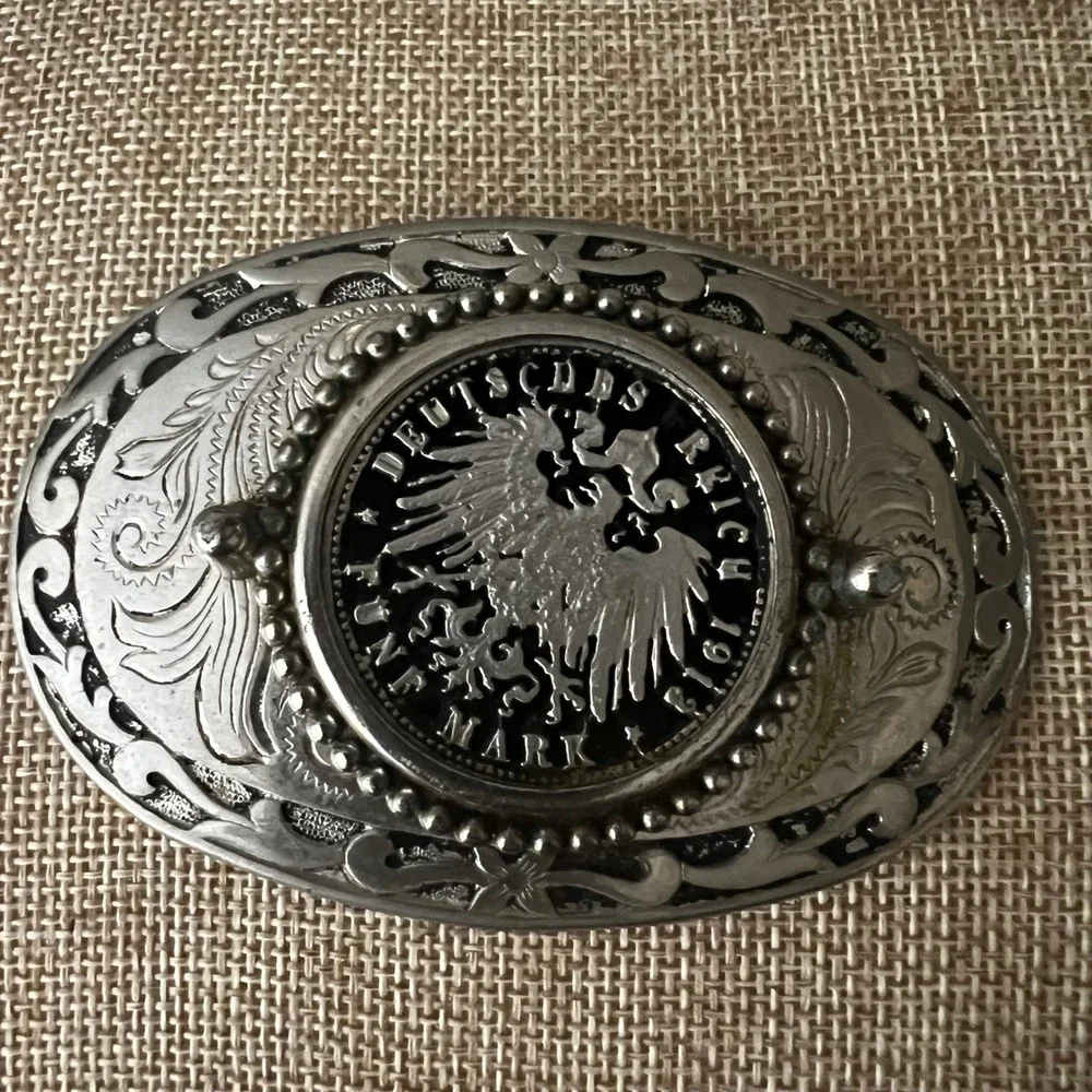 Vintage Deutsches Reich 1913 Funf Mark Coin Belt Buckle Silver Tone 3.5